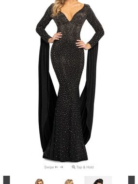 Johnathan Kayne Black Beaded Mermaid Gown with Draped Sleeves
